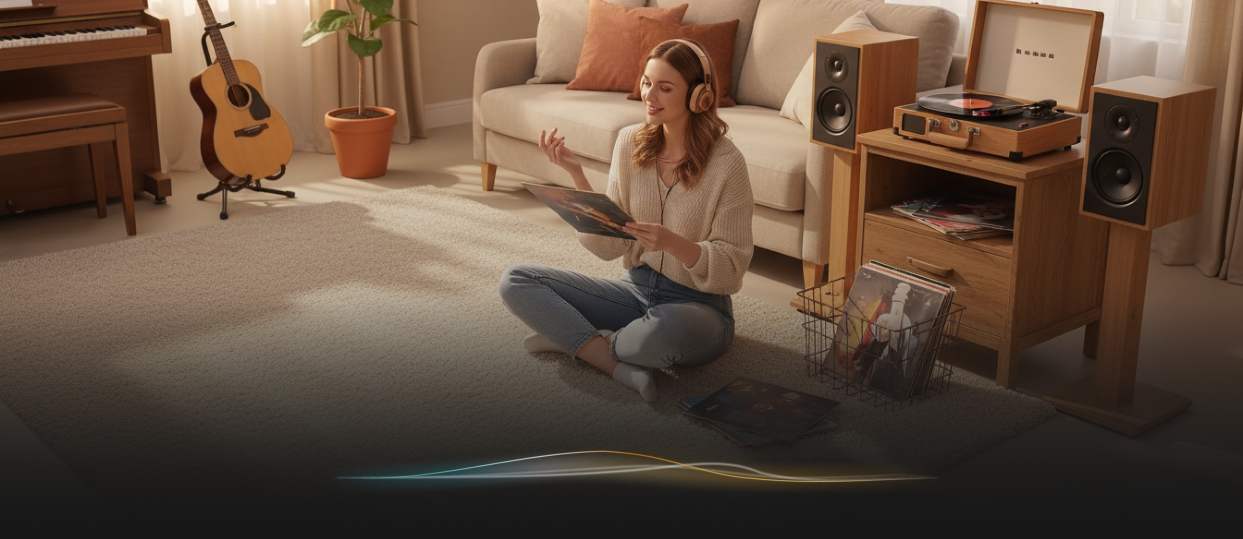 A woman in headphones sitting on the floor reading a vinyl record sleeve beside a turntable